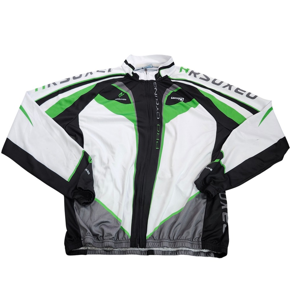 ARSUXEO CYCLING JERSEY MENS XL PRO CYCLING WHITE BLACK GREEN LONG SLEEVE EUC